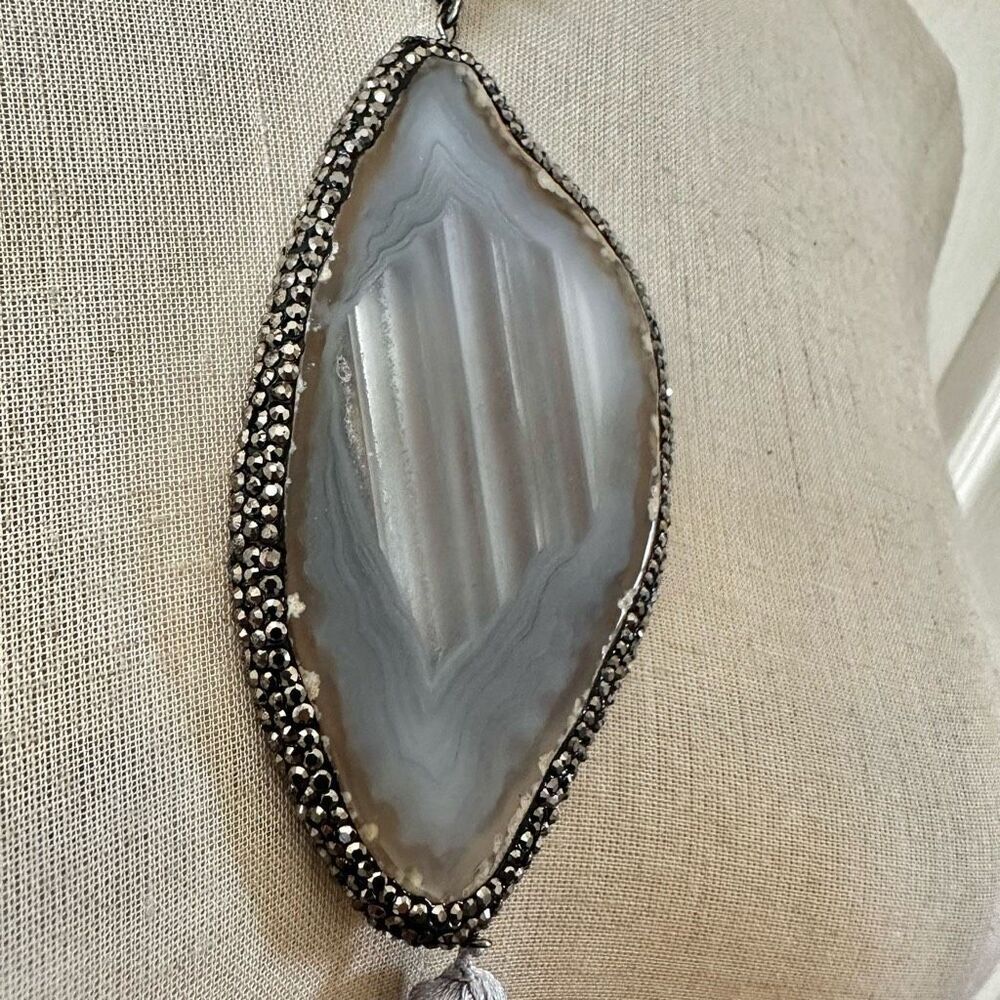 Gray Agate & Horn Beaded Tassel Necklace with Crystal Pendant - Picture 12 of 12
